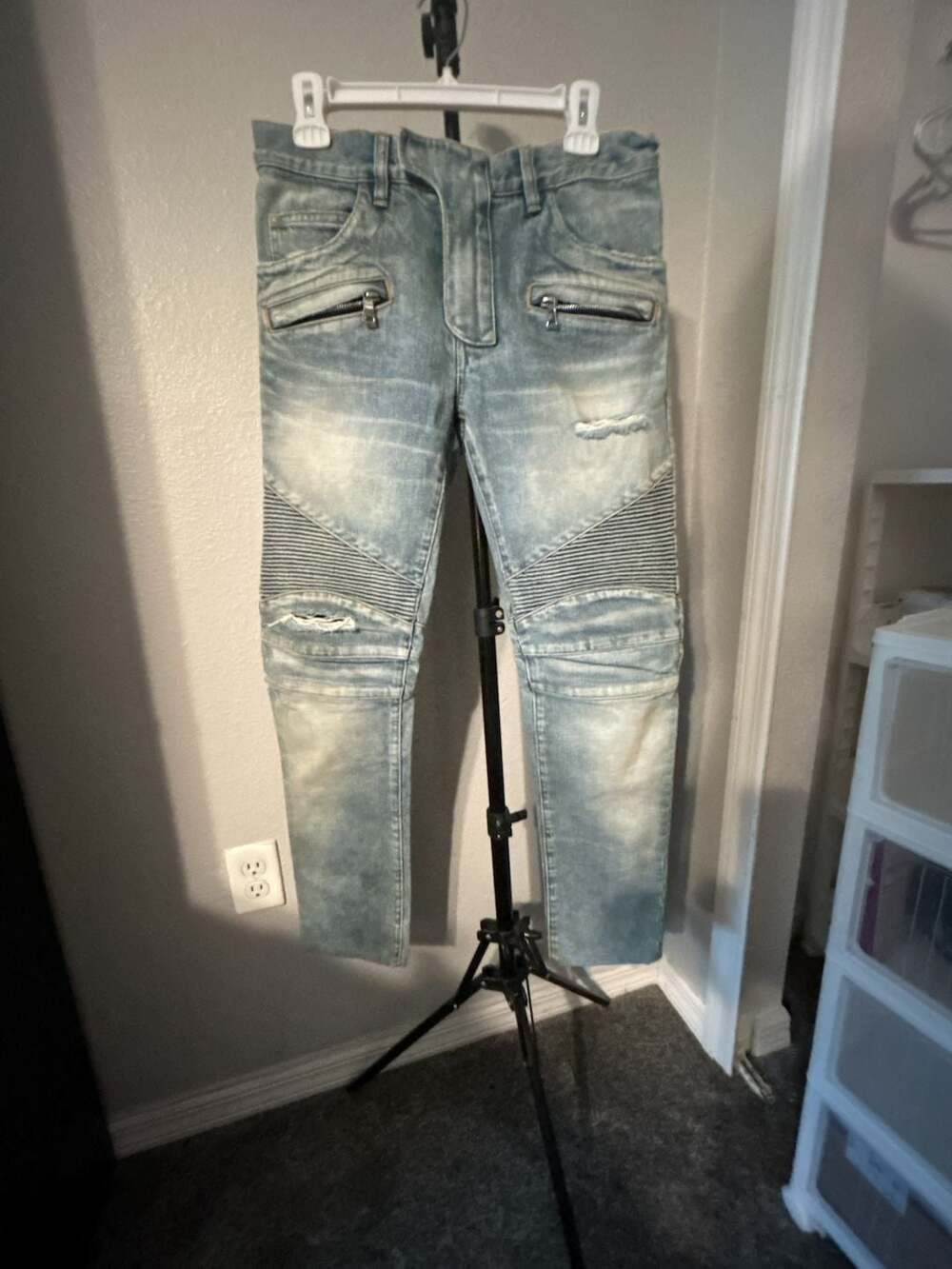 Balmain Paris Distressed Light Wash Denim Biker Jeans